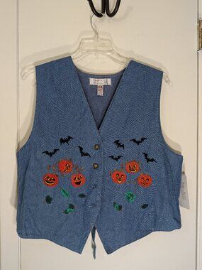 Vintage 90s Halloween Denim Vest M | Karen Scott Pumpkins Bats Embroidered